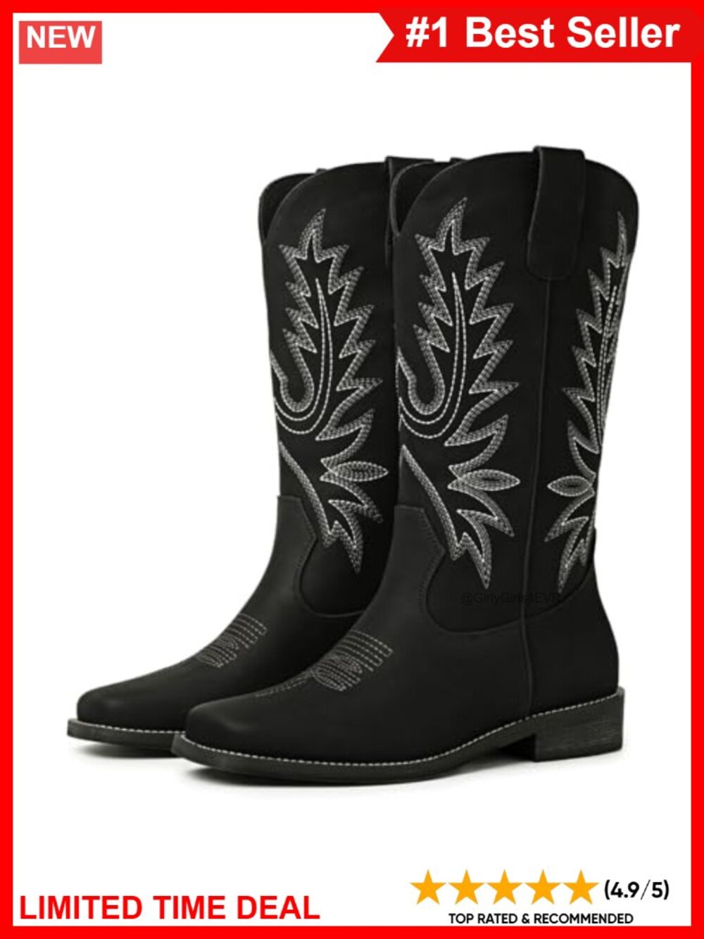Faux Leather Western Cowboy Boots Square Toe Embroidered Mid Calf